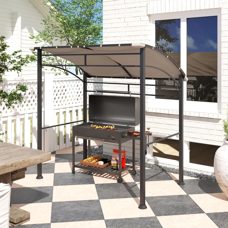 Outsunny 7' x 5' BBQ Grill Gazebo Tent, Garden Grill Canopy with Steel Frame and Hooks, Outdoor Sun Shade, Khaki