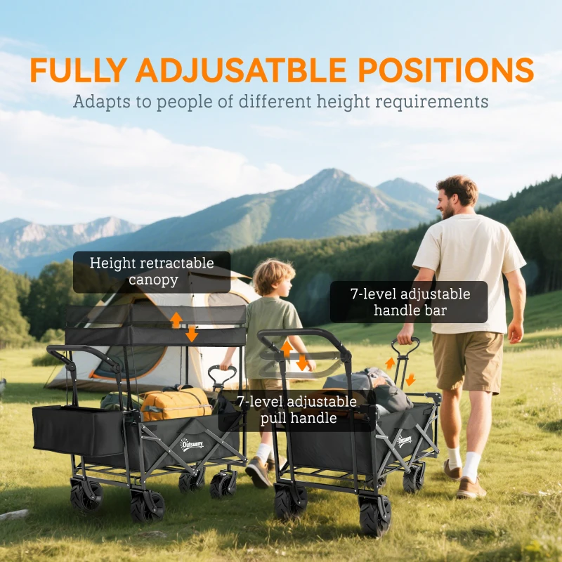 Outsunny 80L Folding Wagon Cart with Wheels, Heavy-Duty Collapsible Wagon with Removable Canopy, Adjustable Handle, Black