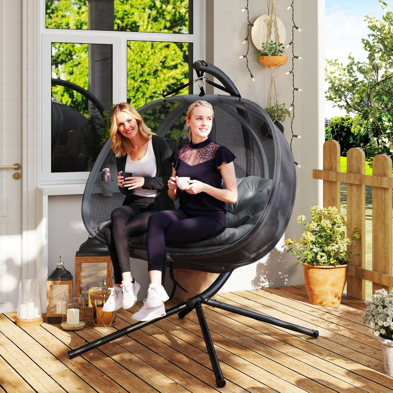 Outsunny Double Egg Chair with Stand, 2 Person Hanging Swing Egg Chair with Cushion, Pockets, Grey
