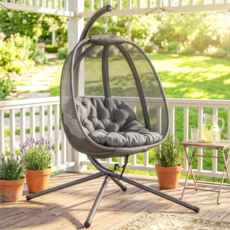 Outsunny Hanging Egg Chair, Outdoor Indoor Swing Chair with Stand, Folding Basket and Thickened Cushion, Grey