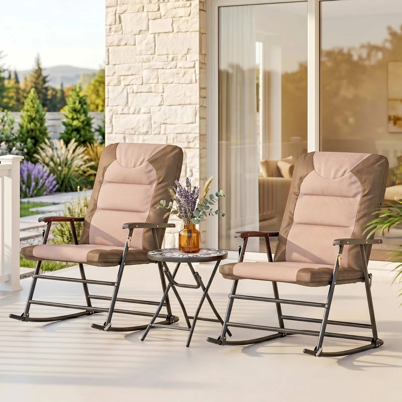 Outsunny 3-Piece Outdoor Foldable Rocking Chair Set, Light Brown