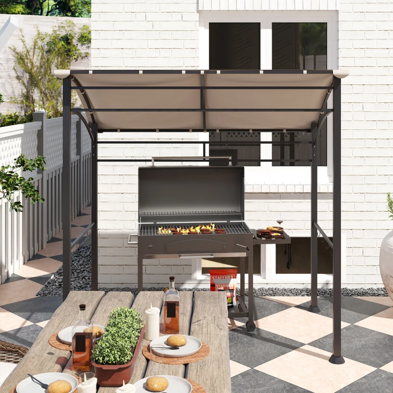 Outsunny 7' x 5' BBQ Grill Gazebo Tent, Garden Grill Canopy with Steel Frame and Hooks, Outdoor Sun Shade, Khaki