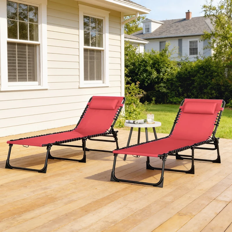 Outsunny 2 PCs Folding Lounge Chairs, Adjustable Chaise Lounge with Headrest, Reclining Lounger Cot for Camping, Hiking, Wine Red