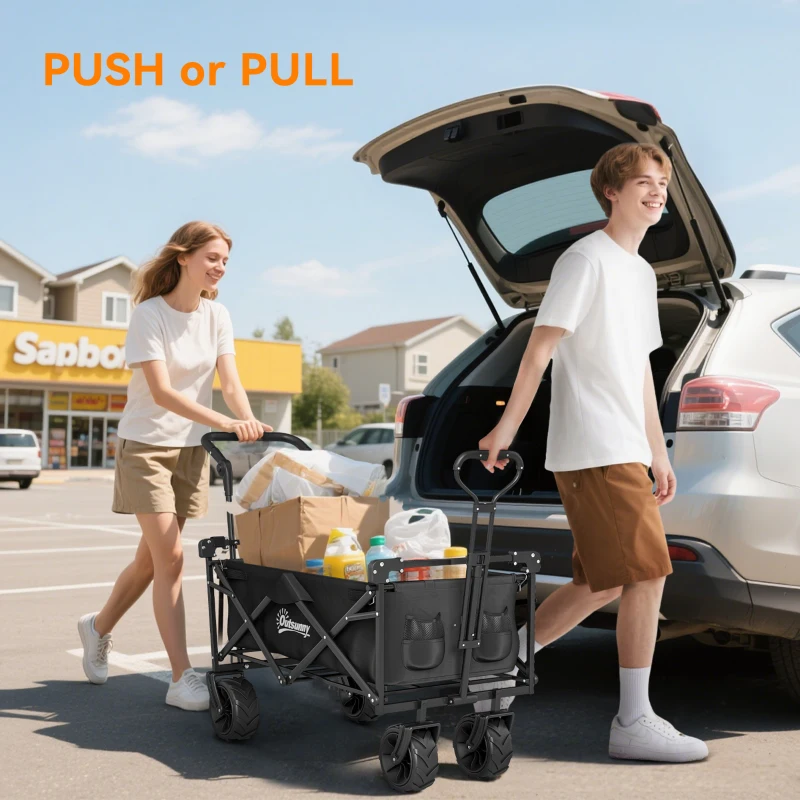 Outsunny 80L Folding Wagon Cart with Wheels, Heavy-Duty Collapsible Wagon with Removable Canopy, Adjustable Handle, Black