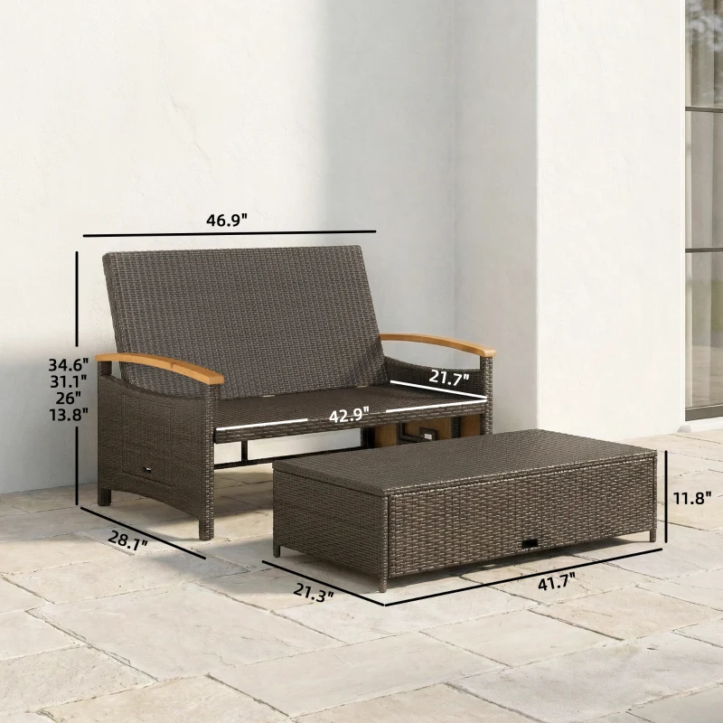 Outsunny Rattan Outdoor Daybed w/4-Level Adjustable Backrest, Patio Sofa Bed w/Storage Ottoman, Acacia Wood Armrest, Beige