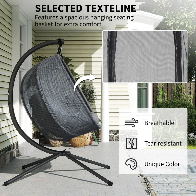 Outsunny Double Egg Chair with Stand, 2 Person Hanging Swing Egg Chair with Cushion, Pockets, Grey