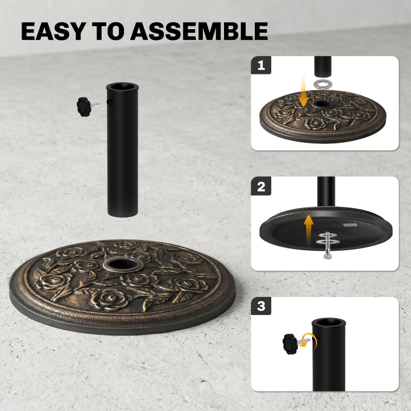 Outsunny 18" 20 lbs Round Resin Umbrella Base Stand Market Parasol Holder with Decorative Rose Floral Pattern & Easy Setup, for Φ1.5", Φ1.89" Pole, for Lawn, Deck, Backyard, Garden, Bronze