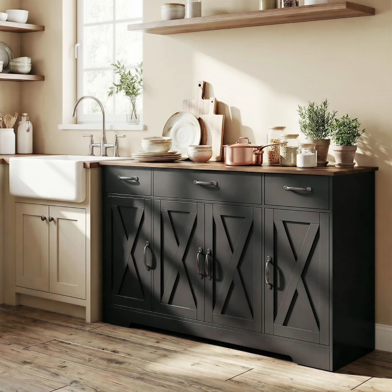 HOMCOM Sideboard Buffet Cabinet, 55" Farmhouse Kitchen Cabinet with 4 Barn Doors, 3 Drawers, 3 Adjustable Shelves, Black