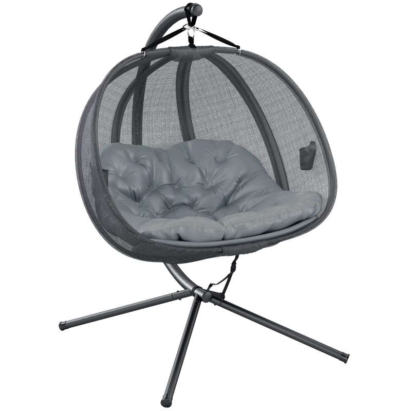 Outsunny Double Egg Chair with Stand, 2 Person Hanging Swing Egg Chair with Cushion, Pockets, Grey