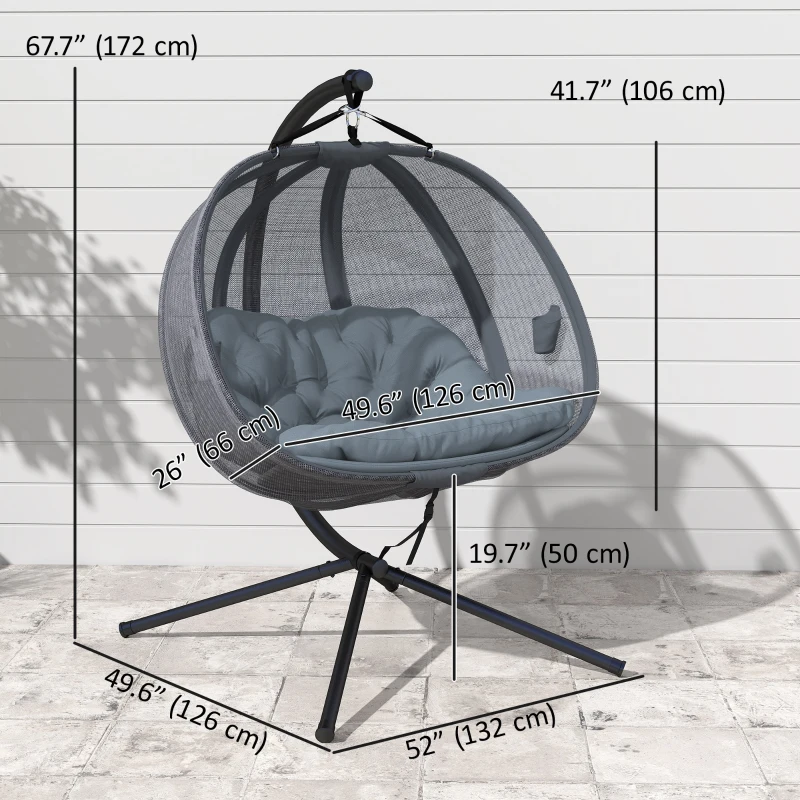 Outsunny Double Egg Chair with Stand, 2 Person Hanging Swing Egg Chair with Cushion, Pockets, Grey