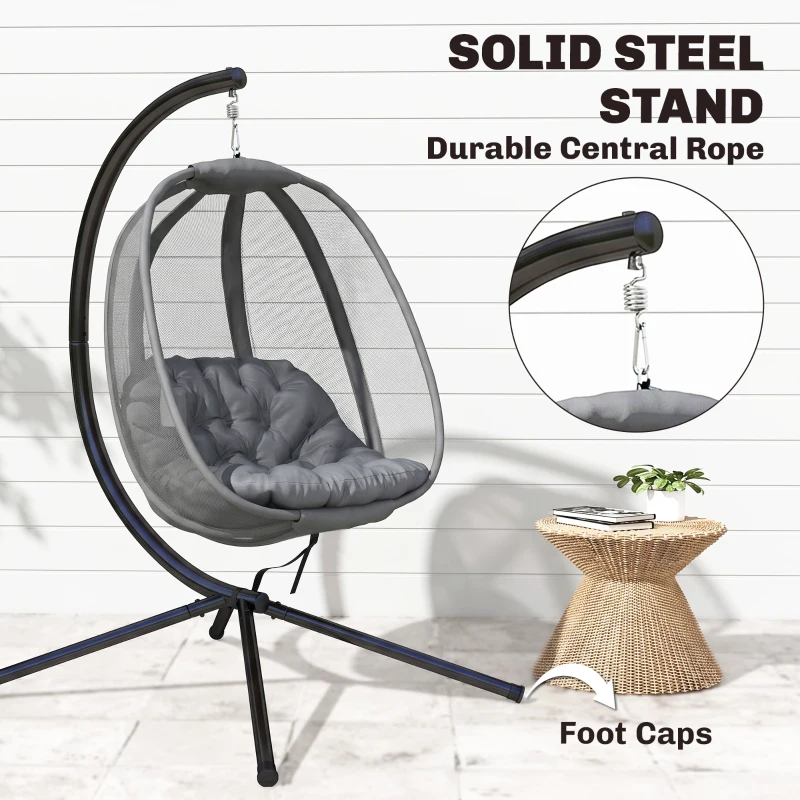 Outsunny Hanging Egg Chair, Outdoor Indoor Swing Chair with Stand, Folding Basket and Thickened Cushion, Grey