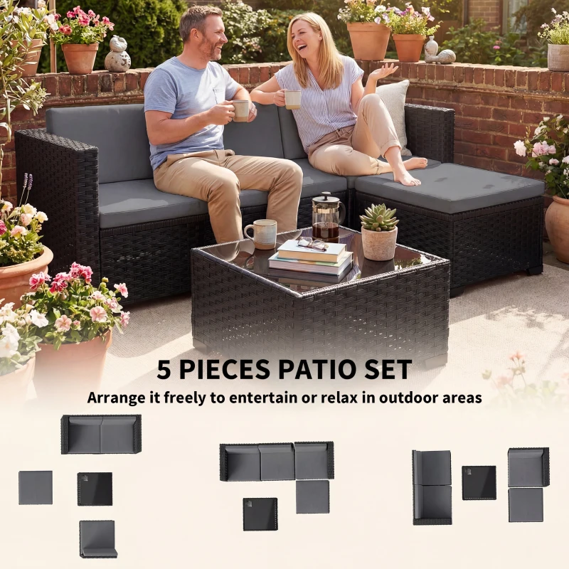 Outsunny 5 Piece Patio Furniture Set, L-Shape Wicker Outdoor Sectional with 3 Chairs, Ottoman, Glass Table, Cushions, Grey