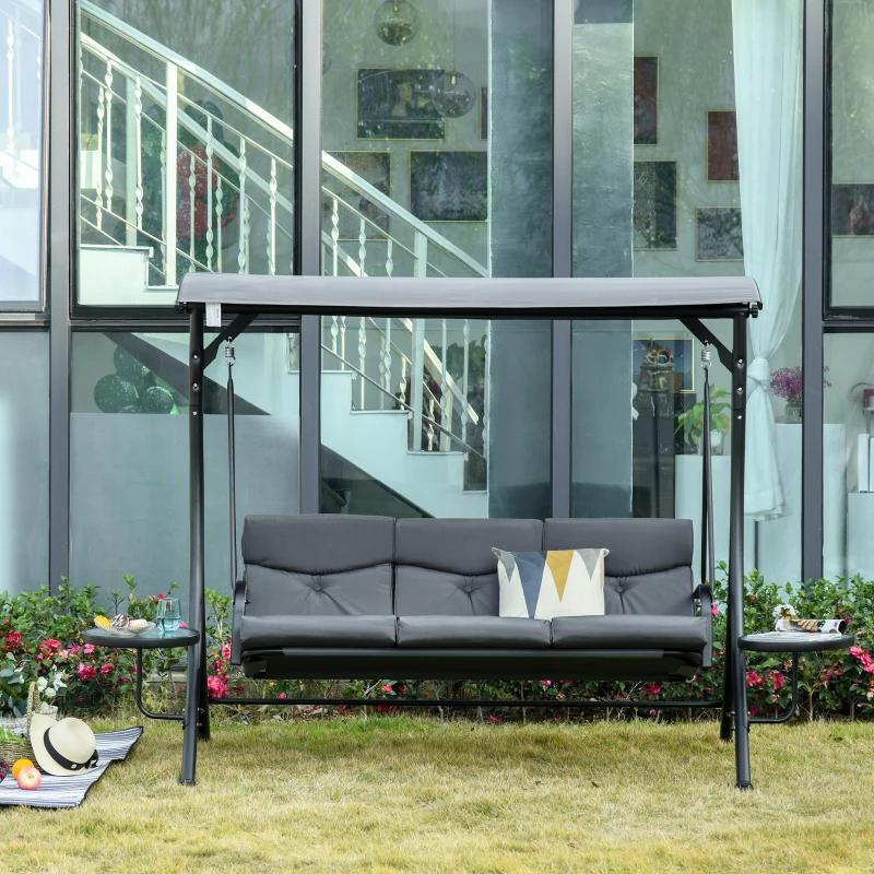 Outsunny 3 Seat Outdoor Swing Chair Steel Swing Bench Porch Swing With Adjustable Canopy, Coffee Tables and Cushion for Patio Garden, Dark Grey