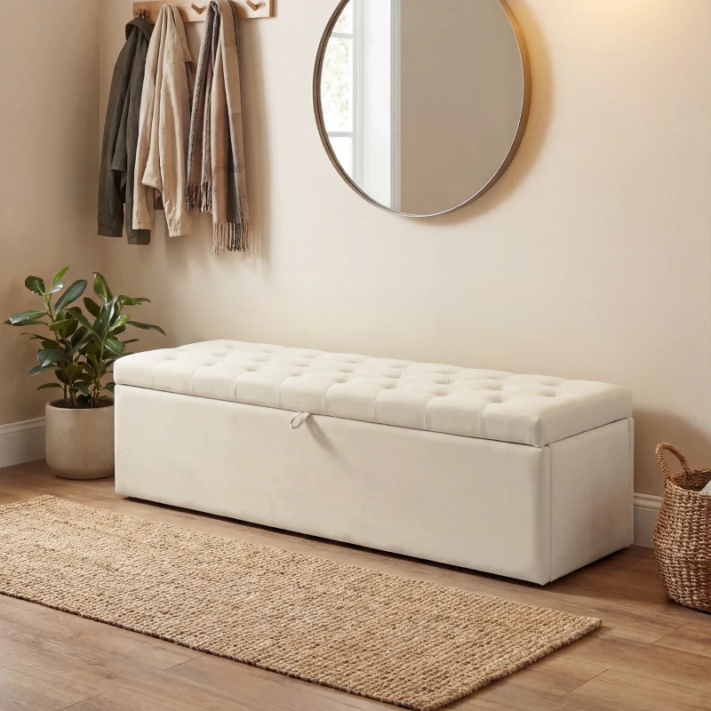 HOMCOM Storage Ottoman, Upholstered Velvet End of Bed Bench, Button Tufted Storage Bench for Bedroom, Living Room, Beige