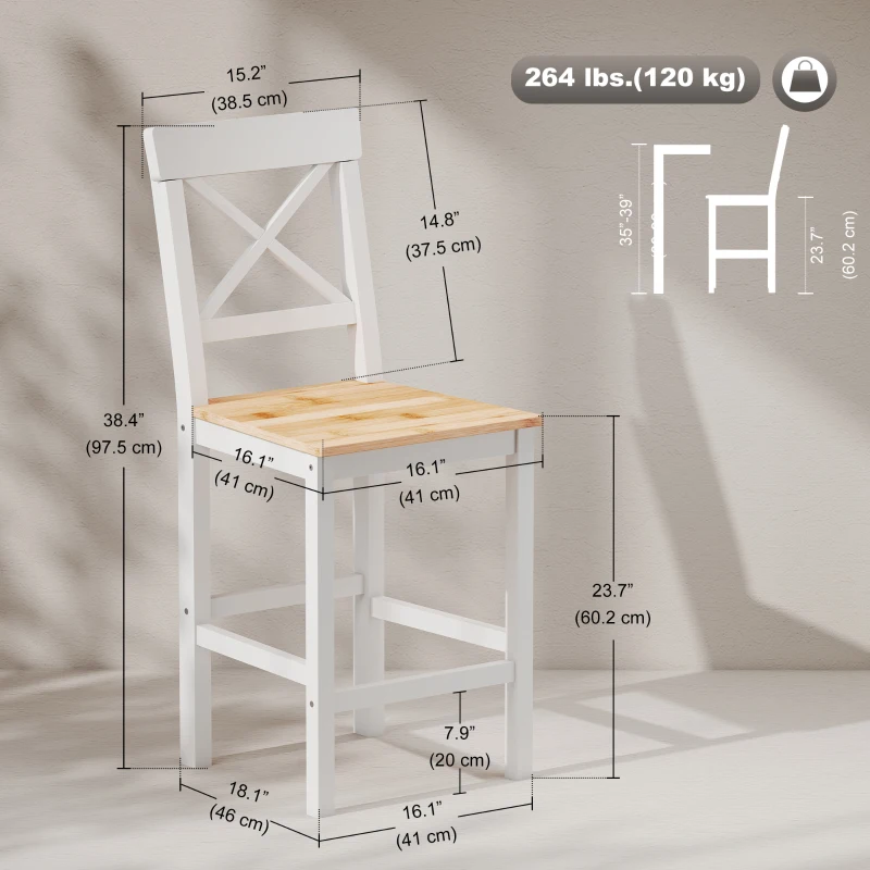 HOMCOM Counter Height Stools Set of 2, Farmhouse Bar Stools with Backs, Solid Wood Counter Stools for Kitchen Island