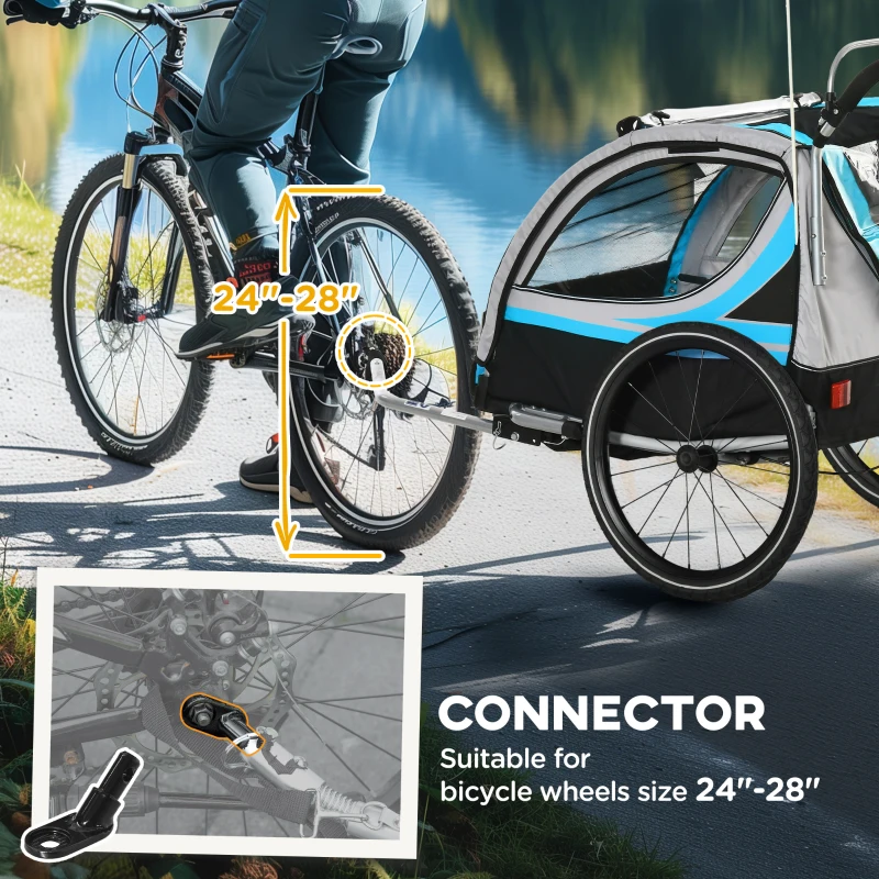 Aosom 3-in-1 Bike Trailer for Kids, Running Stroller with 2 Seats, Jogging Cart with 5-Point Harness, Storage Units, Blue