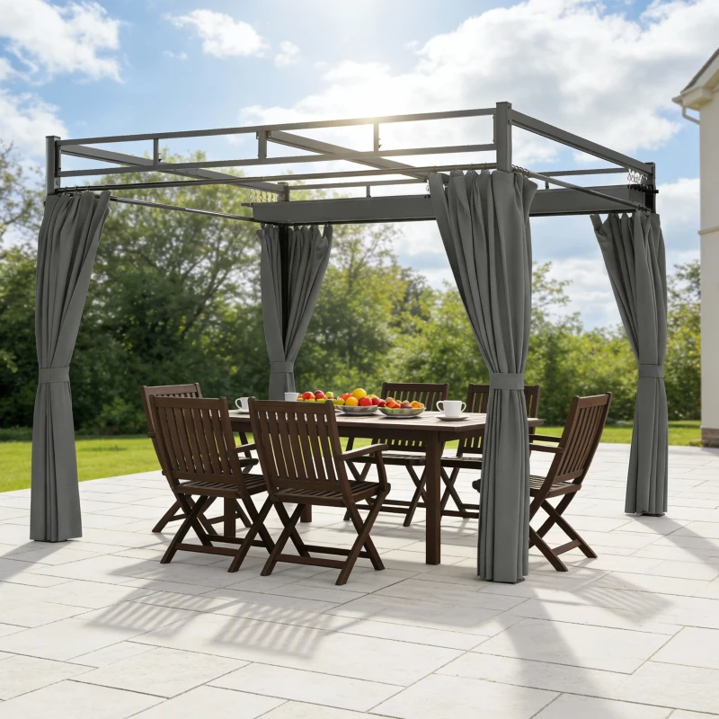 Outsunny 10' x 10' Outdoor Gazebo, Retractable Pergola Canopy with Curtains, UPF30+ Free Standing Metal Pergola Kit, Dark Grey