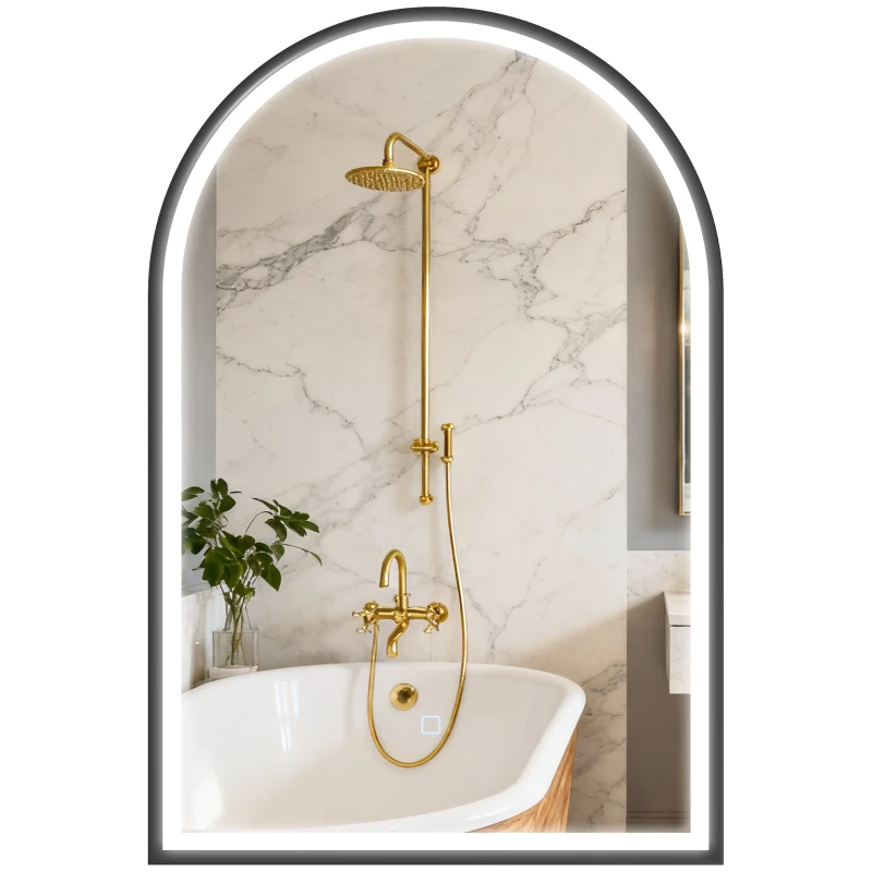 HOMCOM 24" x 36" LED Bathroom Mirror, Arched Tempered Glass Wall Mirror, Anti-Fog, Dimmable, Memory Function, Black