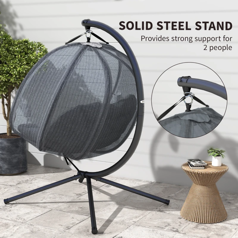 Outsunny Double Egg Chair with Stand, 2 Person Hanging Swing Egg Chair with Cushion, Pockets, Grey