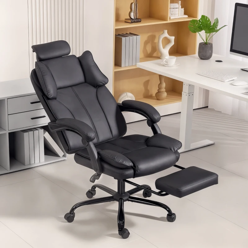 HOMCOM Reclining Office Chair, Executive Desk Chair with Pet-Friendly Fabric, Headrest, Footrest, Swivel Wheels, Black