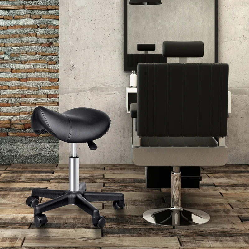 HOMCOM Rolling Saddle Stool, Swivel Salon Chair, Ergonomic Faux Leather Stool, Adjustable Height with Wheels for Spa, Salon, Massage, Office, Black