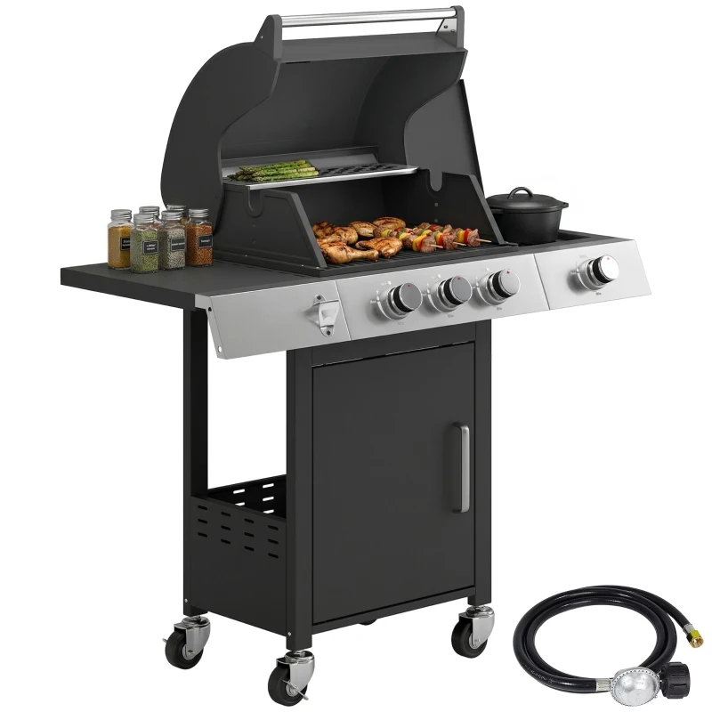 Outsunny 3 Burner Propane Gas Grill with Side Burner, 36,000 BTU BBQ Grill with Cast Iron Grates, Wheels, Warming Rack, Cabinet