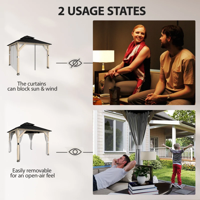 Outsunny 10' x 10' Outdoor Hardtop Gazebo with Double Steel Roof, Wood Patio Gazebo with Curtains, Hook, Light Grey