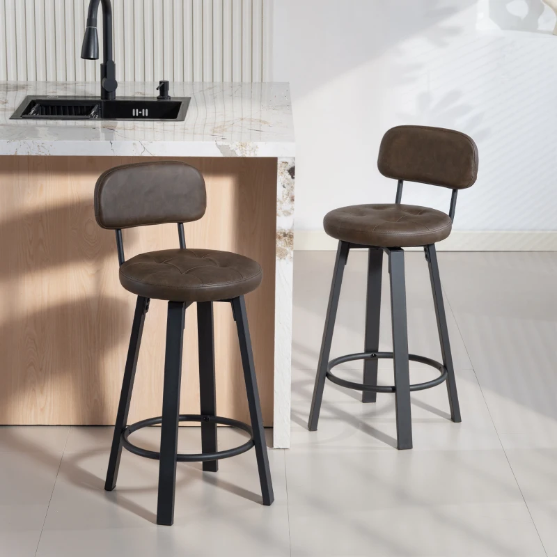 HOMCOM Bar Stools Set of 2, Upholstered Breakfast Bar Chairs with Footrest and Backrest for Kitchen Counter, Brown