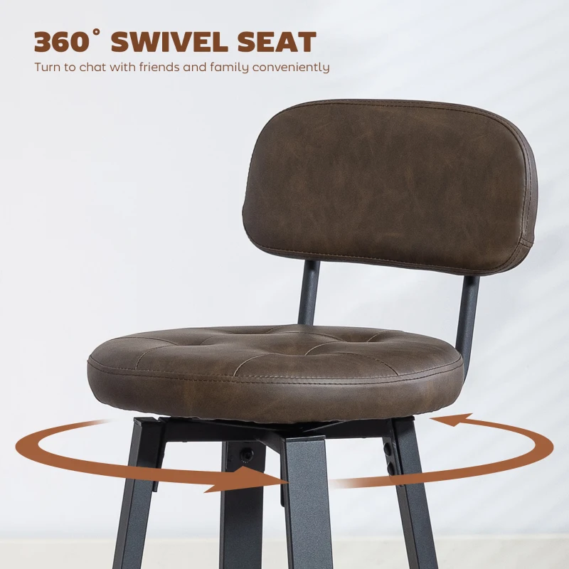HOMCOM Bar Stools Set of 2, Upholstered Breakfast Bar Chairs with Footrest and Backrest for Kitchen Counter, Brown