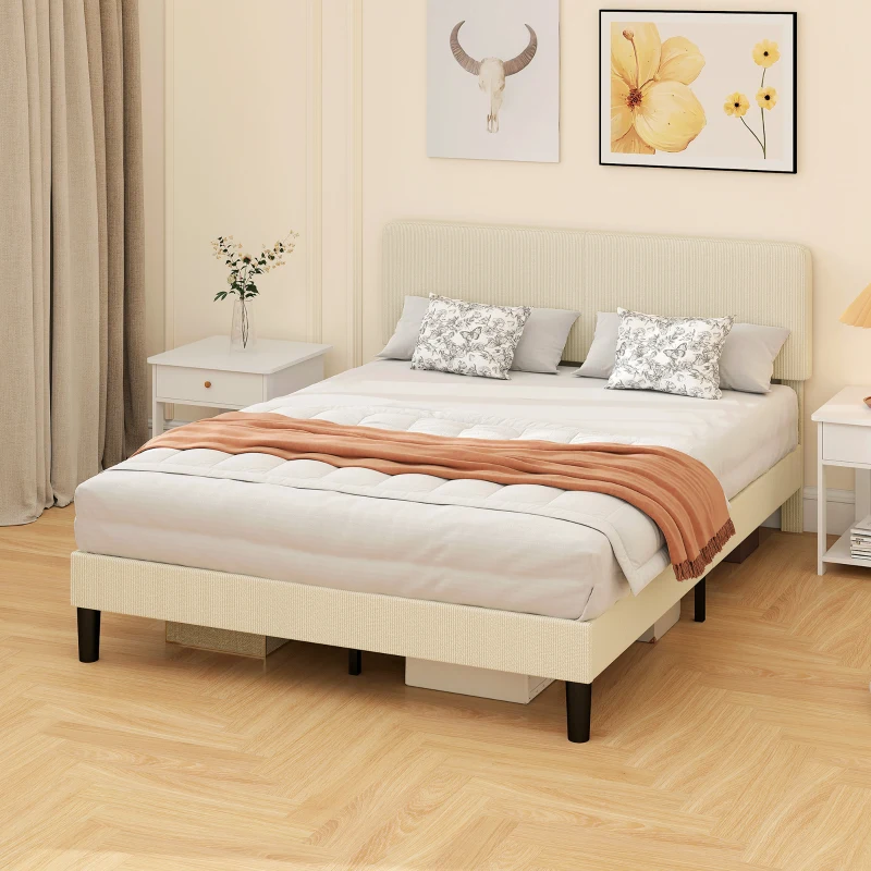 HOMCOM Queen Size Bed Frame with Adjustable Upholstered Headboard Platform Bed Frame Wood Slat Support Noise Free Light Grey