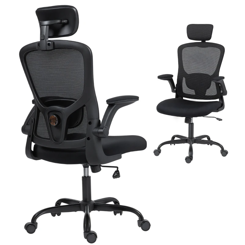 HOMCOM Ergonomic Office Chair, Mesh Desk Chair with Adjustable Headrest, Lumbar Support and Height, Flip-Up Armrests, Black