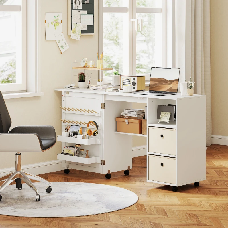 HOMCOM Rolling Sewing Machine Table with Power Outlet, Folding Craft Table with 2 Fabric Drawers, 2 Bins and 18 Pegs, White