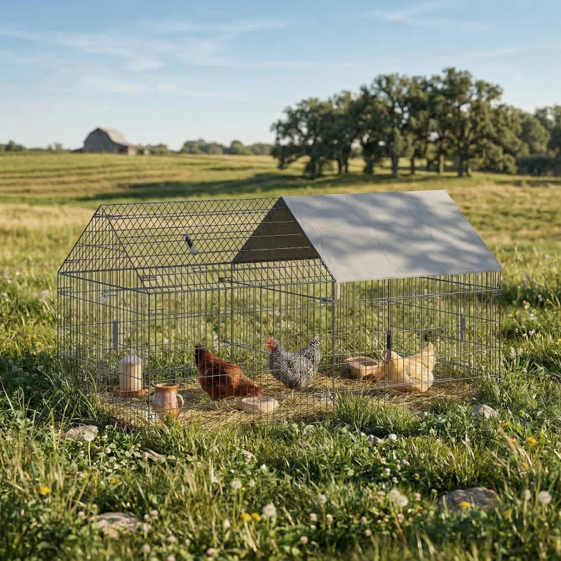 PawHut Metal Chicken Coop, Large Chicken Run with Water-Resistant & Anti-UV Cover for 2-3 Hens, Outdoor Hen House with 4 Doors