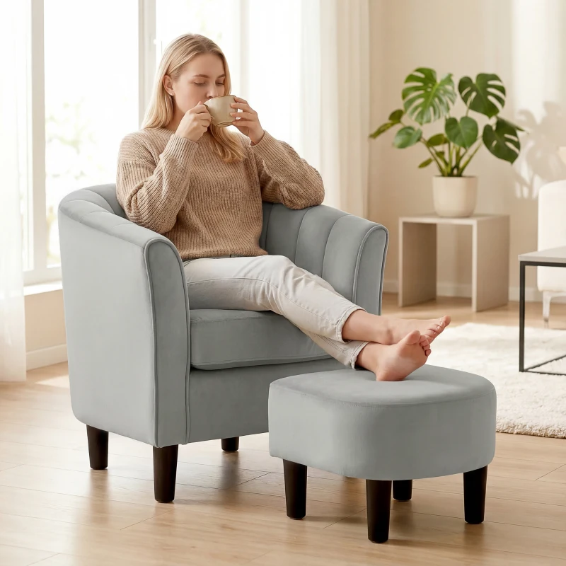 HOMCOM Accent Chair Modern Upholstered Living Room Chair with Ottoman and Pocket Spring Cushion Grey