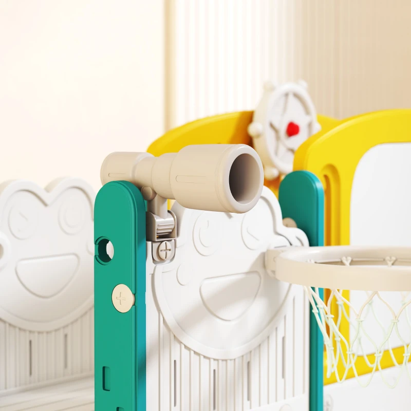 Qaba 7 in 1 Toddler Slide with Basketball Hoop, Climbing Frame, Telescope, Drawing Board, Storage Box for Ages 1-3, Yellow