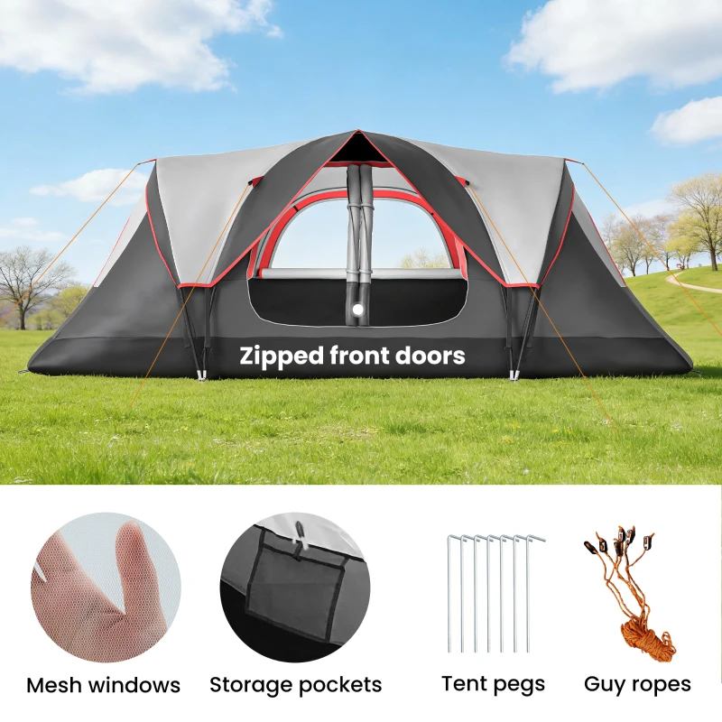 Outsunny Camping Tent for 6-8 Man with 2000mm Waterproof Rainfly and Carry Bag for Fishing Hiking Festival, Dark Grey