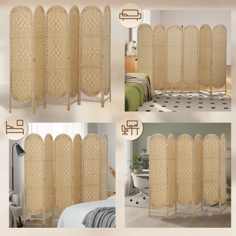 HOMCOM Bohemian Privacy Screen, Folding Room Divider with 6 Panels and Arched Top for Bedroom Living Room Office, Natural Wood