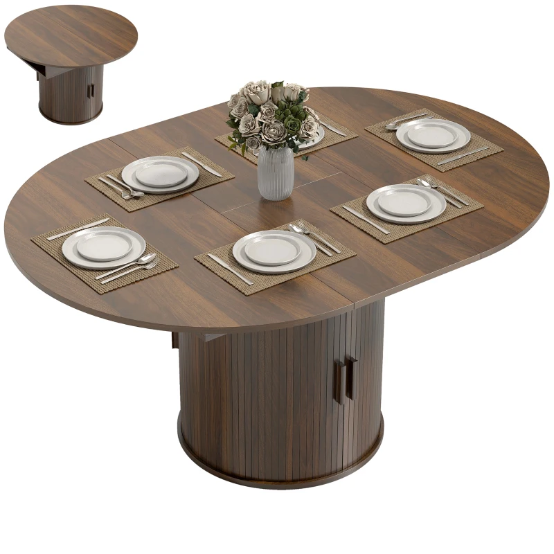 HOMCOM Extendable Dining Table for 6, 60" Farmhouse Kitchen Table with 2-Tier Storage Shelf and Fluted Sliding Doors, Walnut