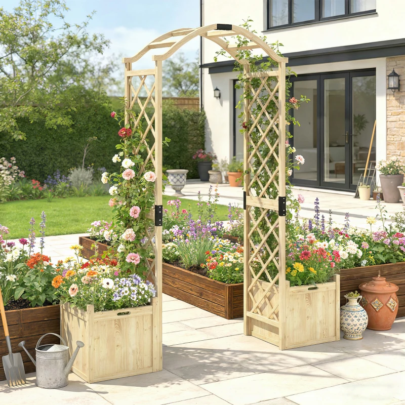 Outsunny Wooden Garden Arch with 2 Planter Boxes, Arch Trellis for Climbing Plants, Decorative Arbor Archway, Natural Wood