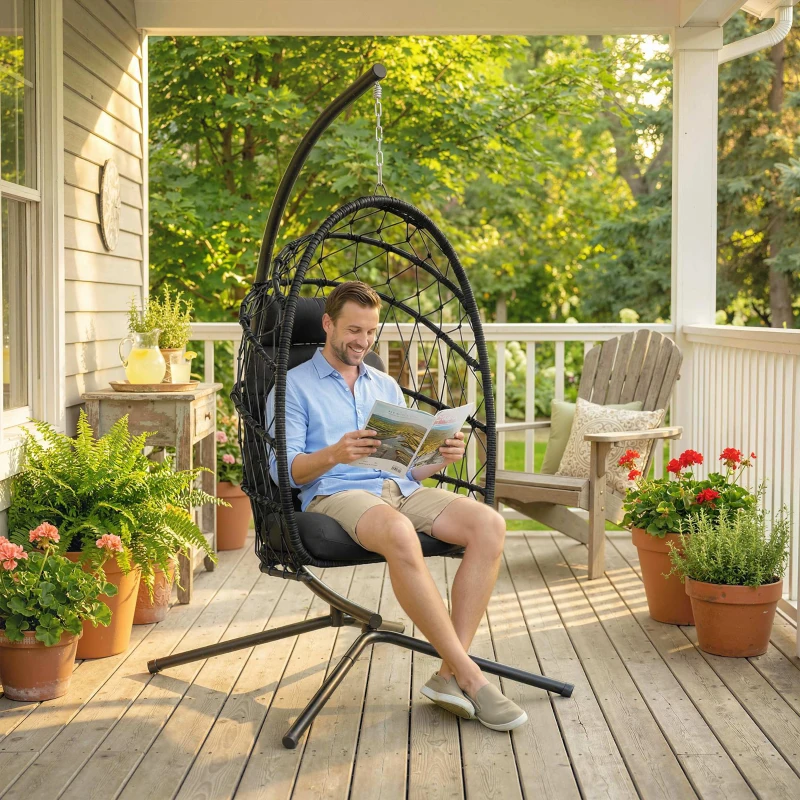 Outsunny Hanging Egg Chair with Stand, Foldable Wicker Rattan Swing Chair with Thick Cushion and Safety Rope, Black