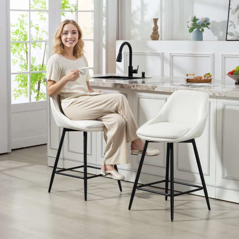 HOMCOM 26" Counter Height Barstools Set of 2, Upholstered Swivel Bar Stools with Backrests and Armrests, Cream White