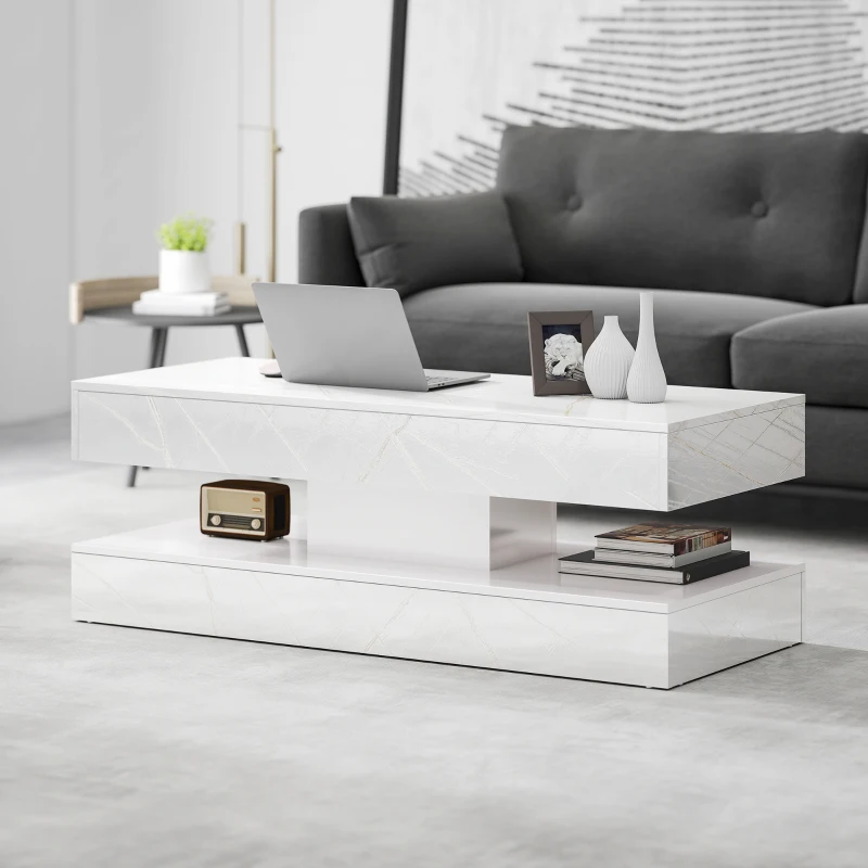 HOMCOM Coffee Table with Adjustable LED Lights, Center Table with 2 Drawers, Open Shelf, Remote, High Gloss Marble-Effect White