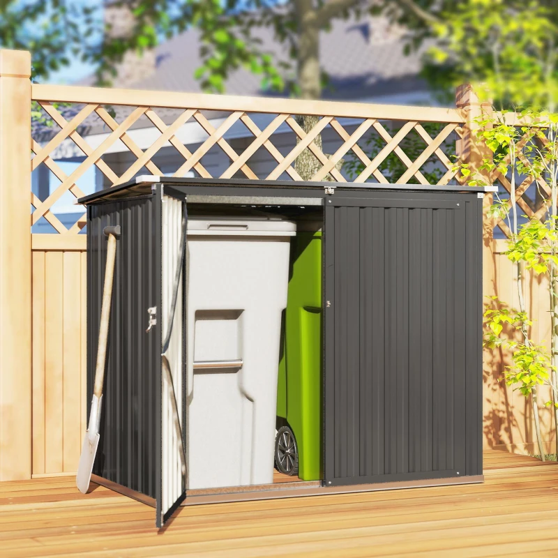 Outsunny Outdoor Storage Shed Lockable Galvanized Steel Garbage Bin Shed Lift-up Lid for 2 Trash Cans