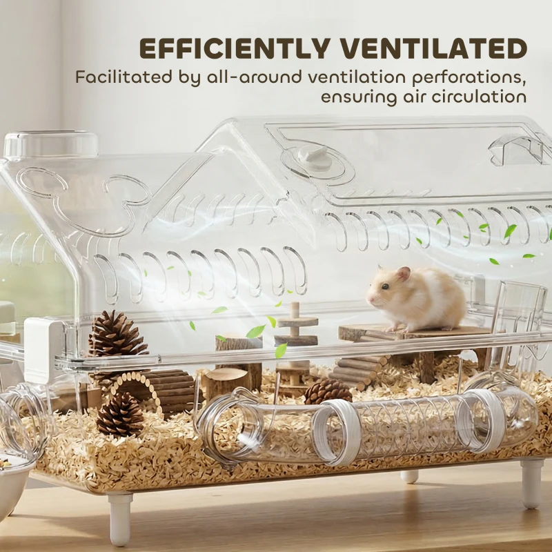 PawHut Hamster Cage with Large Wheel & Hideout, Small Animal Habitat with Accessories, Clear Pet House, 21.5" x 11.8" x 12.6",