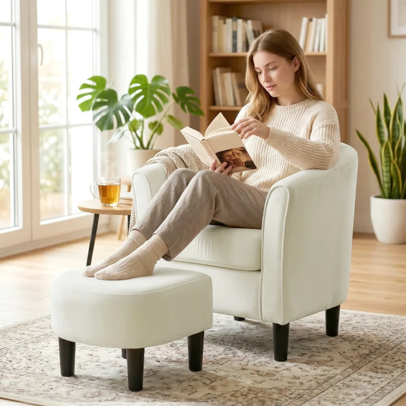 HOMCOM Accent Chair Modern Upholstered Living Room Chair with Ottoman and Pocket Spring Cushion Cream White