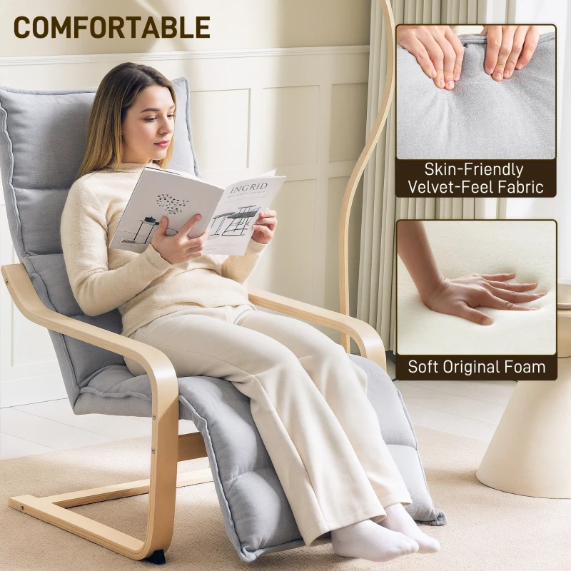 HOMCOM Accent Chair, Velvet Upholstered Living Room Chair with Footrest, Wood Frame, Light Grey