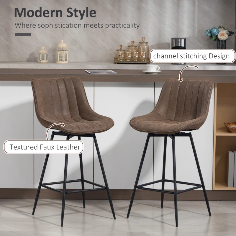 HOMCOM Set of 2 Counter Height Barstools, PU Leather Upholstered Bar Stools with Backrest, Footrest and Steel Legs, Brown
