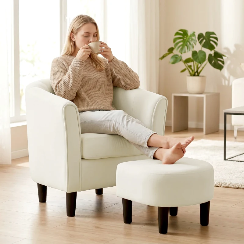 HOMCOM Accent Chair Modern Upholstered Living Room Chair with Ottoman and Pocket Spring Cushion Cream White