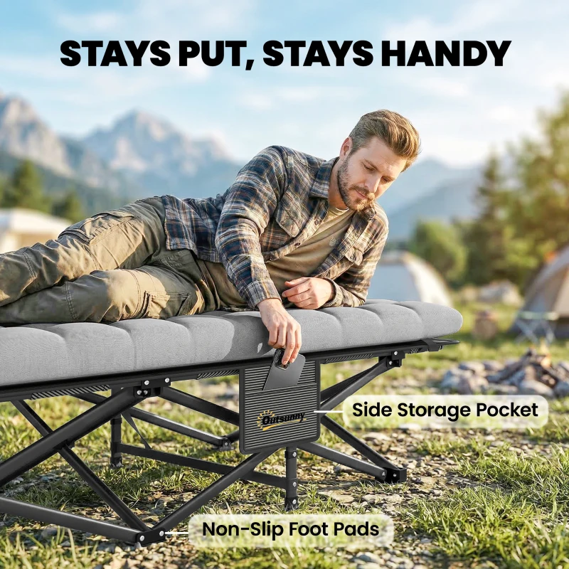 Outsunny Camping Cot with Soft Pad, 32" Extra Wide Folding Cots with Non-Slip Feet and Carry Bag, Grey