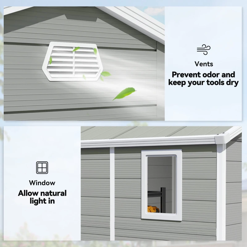 Outsunny 8' x 6' Plastic Garden Storage Shed with Latch Door, Vents, Sloped Roof, Light Grey